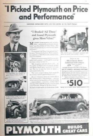 Fay Crites Taft Texas Endorses Plymouth 1936