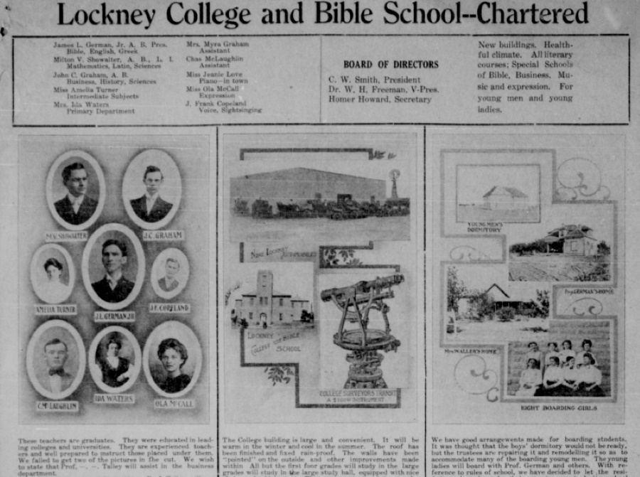 Lockney College and Bible School in 1909