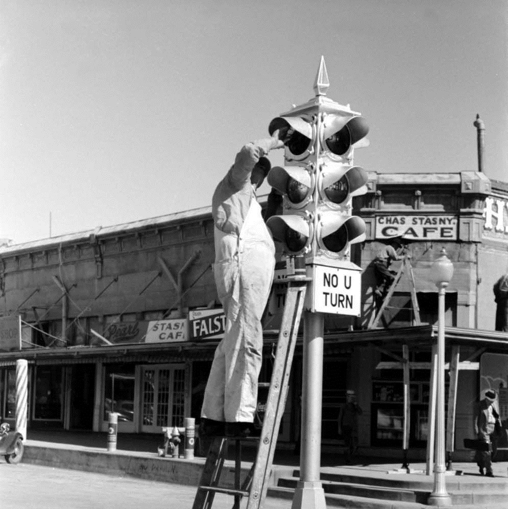 Painting Traffic Light in Taylor Texas in 1939