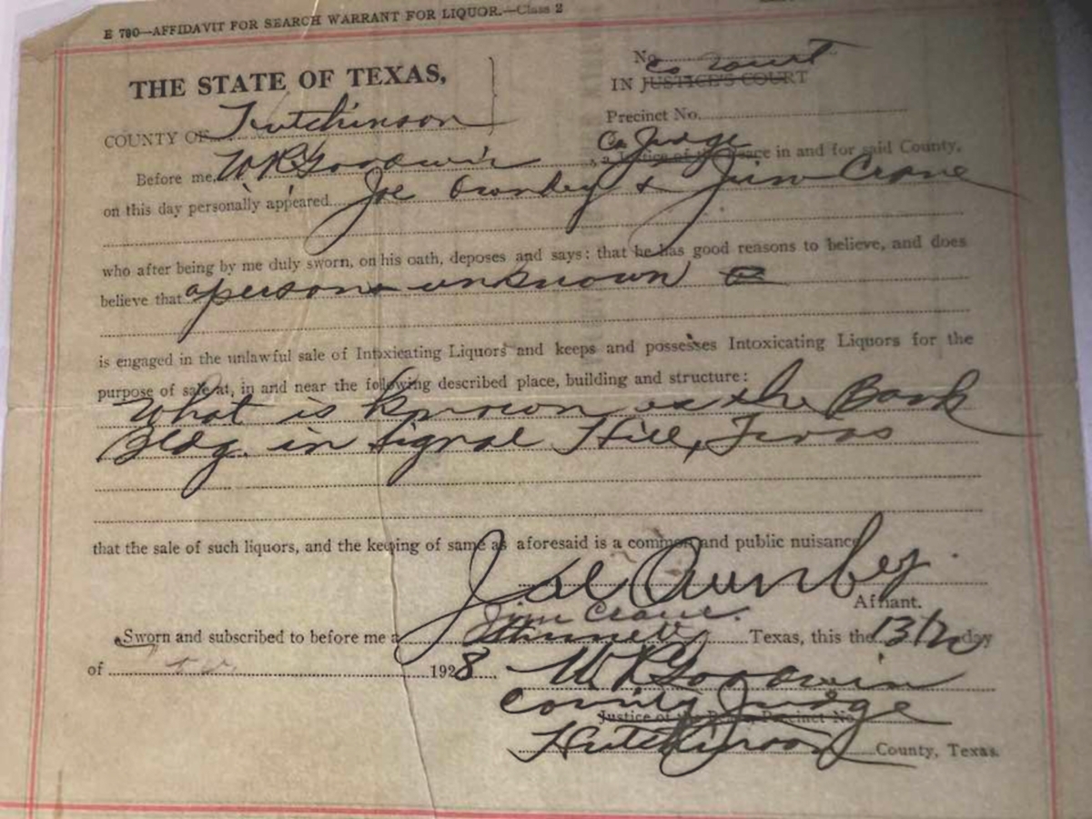 Search Warrant for Liquor in the Signal Hill Bank Building