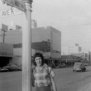 Woman at Corner of Broadway and K in Lubbock in 1950's