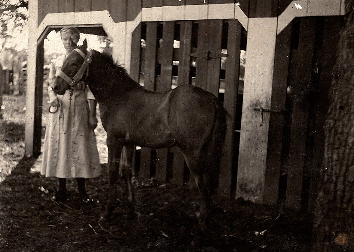 Young Woman Holds Horse in 1913